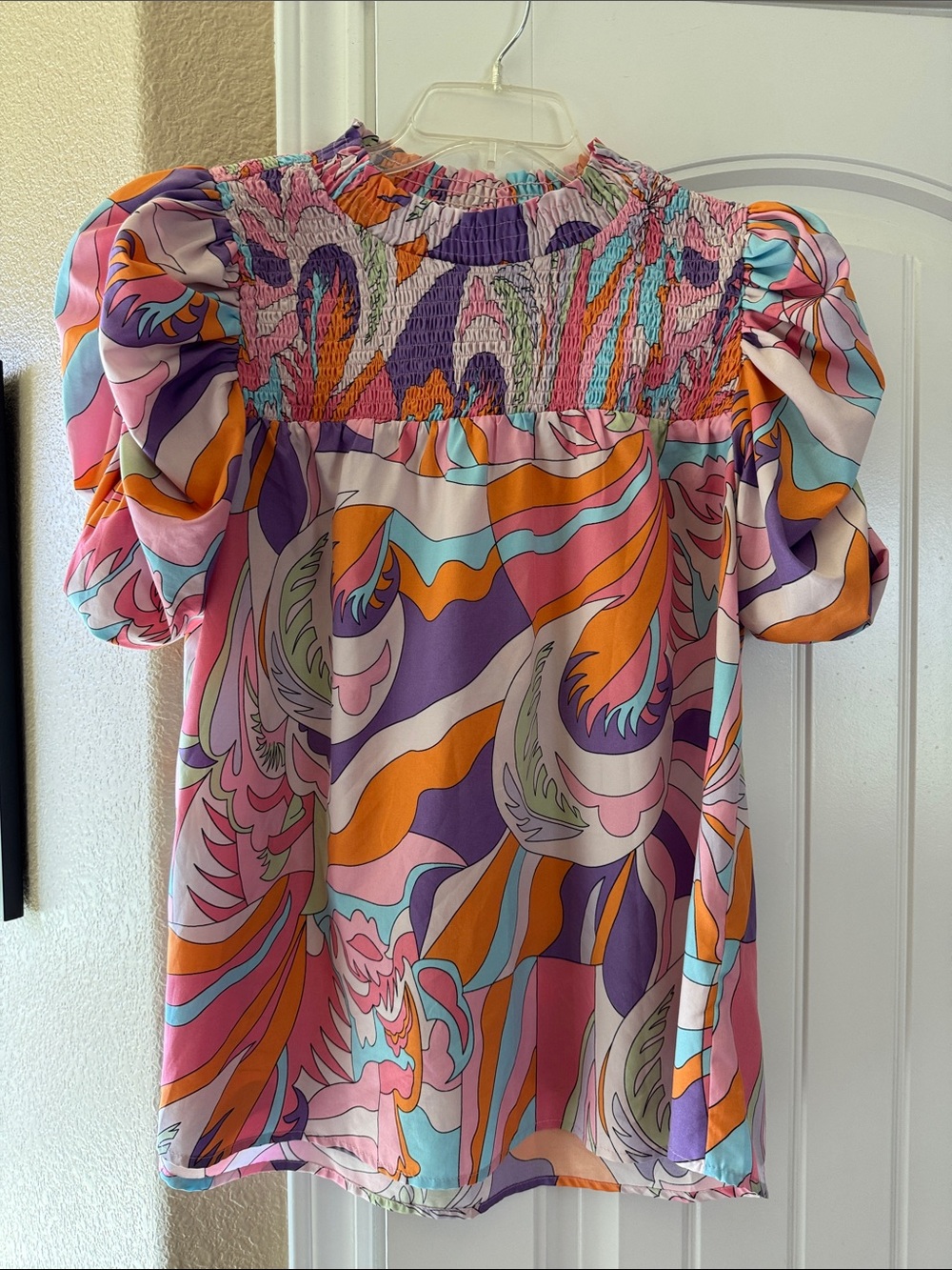 JODIFL Pink Purple Orange Multi-Color Smocked Puff Sleeve Blouse